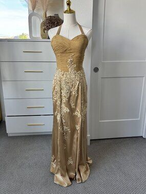 PRECIOUS FORMALS Gold Evening Gown Halter Neck Detailed Embellishments Size 4